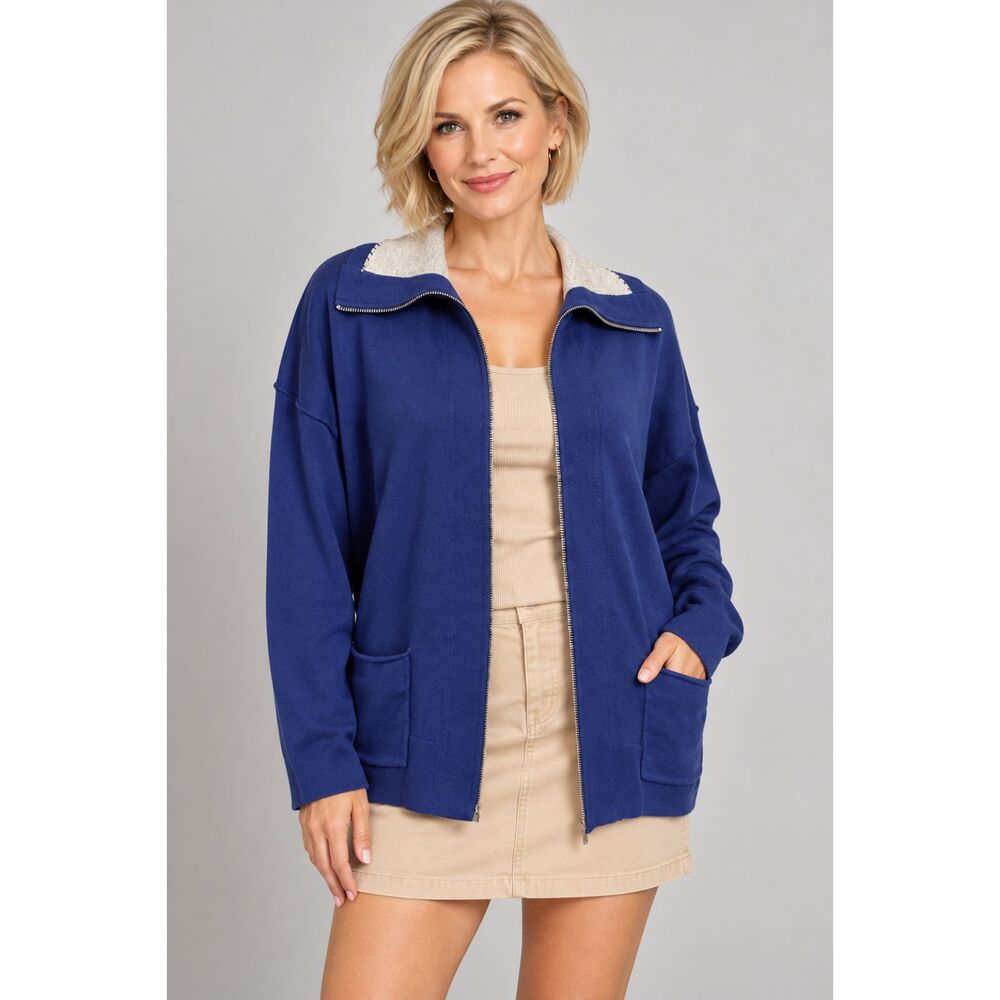 VTG CHICO'S Gray Collar Royal Blue Full Zip Sweater Jacket Cardigan Sz 1 (M/8)